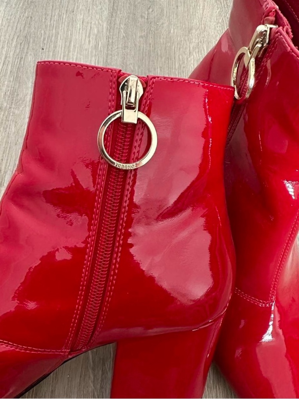 TOPSHOP Bright Red Patent Block Heel Ankle Boots - Picture 7 of 11